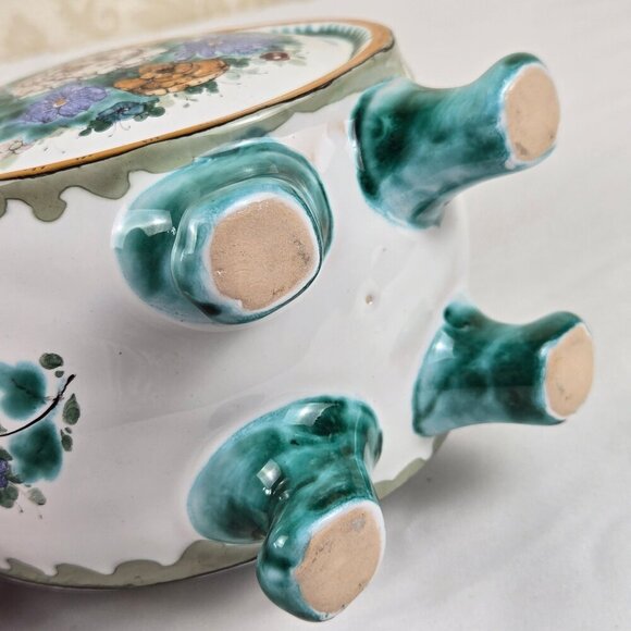 Vintage Hand Painted Footed Ceramic Water Pitcher Green White Floral Signed 1994 - Picture 15 of 16